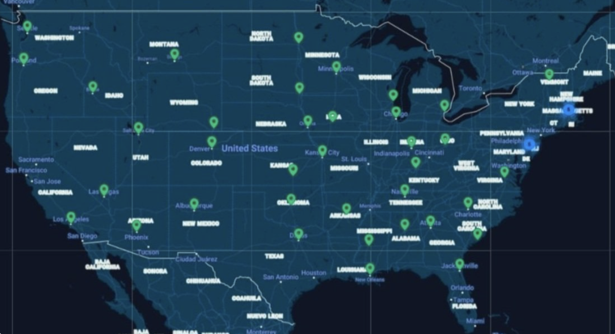 Digital Map of United States with service location pins